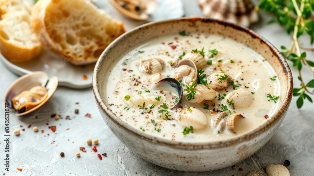 Delicious clam chowder served in a rustic bowl with bread on the side. Creamy seafood soup garnished with herbs for a perfect meal. Delicious clam chowder served in a rustic bowl with bread on the side. Creamy seafood soup garnished with herbs for a perfect meal.