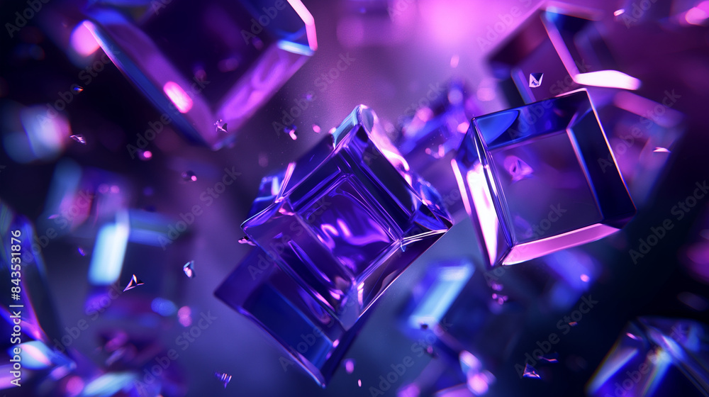 3d render of the exploding cubes with dynamic and reflections dark background, purple and blue colors 3d render of the exploding cubes with dynamic and reflections dark background, purple and blue colors