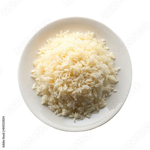 Rice on a white plate top view Isolated on transparent background