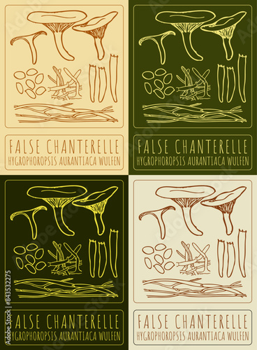 Set of vector drawing FALSE CHANTERELLE in various colors. Hand drawn illustration. The Latin name is HYGROPHOROPSIS AURANTIACA WULFEN.