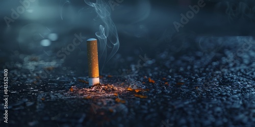 An illegal illustration of a cigarette falling on a rough black floor, a bad thing for health, is burning and causing some smoke in the air with a black background behind. photo
