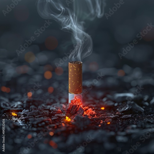 An illegal illustration of a cigarette falling on a rough black floor, a bad thing for health, is burning and causing some smoke in the air with a black background behind.
