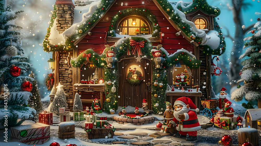 Design a whimsical Christmas background with Santas workshop, bustling with elves preparing toys for delivery.