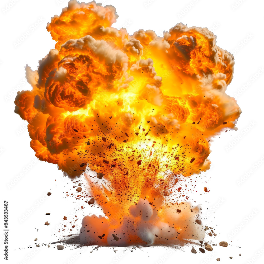 Fiery explosion with intense orange and yellow flames and debris, isolated on white. Dramatic and powerful destruction concept. Fiery explosion with intense orange and yellow flames and debris, isolated on white. Dramatic and powerful destruction concept.