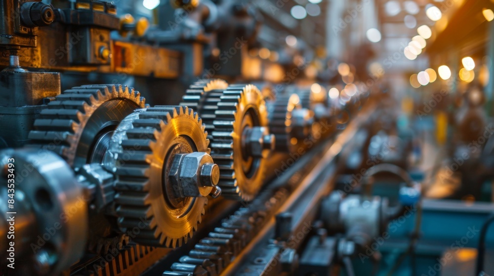 Industrial Mechanical Mechanism in Factory - Precision gears and parts working together in a manufacturing plant for production of goods. Industrial Mechanical Mechanism in Factory - Precision gears and parts working together in a manufacturing plant for production of goods.