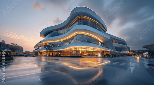 Modern and sleek mall facade design with a mix of glass and solid masses with curves, elongated spread, contemporary style. Generative AI. photo