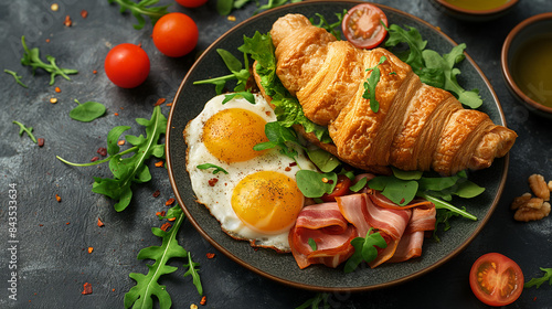 Breakfast with fried eggs and croissant sandwith with ham, cheese and salad. Delicious morning breakfast. Top view. photo