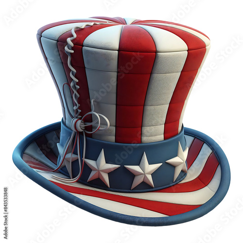 an Uncle Sam hat with red and white stripes and a blue band with white stars. photo