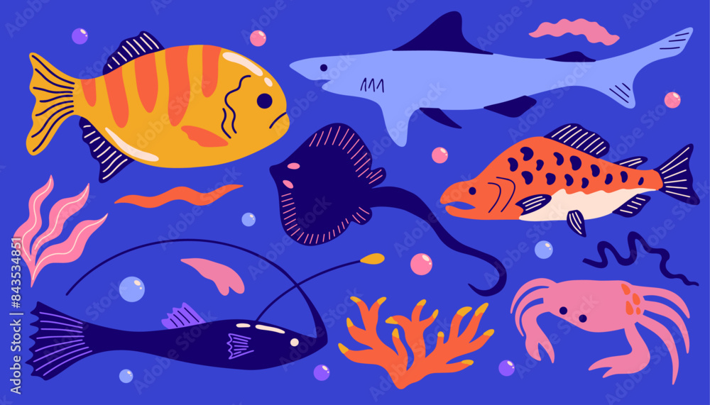 Naklejka premium Colorful cartoon underwater set with exotic animals and plants: fish, seaweed, algae, coral, shark, stingray, crab. Ocean, sea fauna, different marine creatures, species vector illustration elements