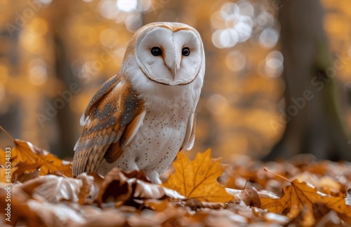 A Barn Owl Resting in Autumn Leaves