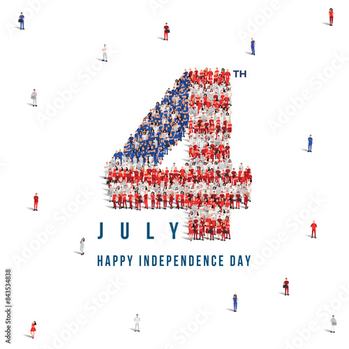 Happy 4th of July United States. A large group of people form to create the number 4 as USA celebrates its independence Day on the 4th of July. Vector illustration.