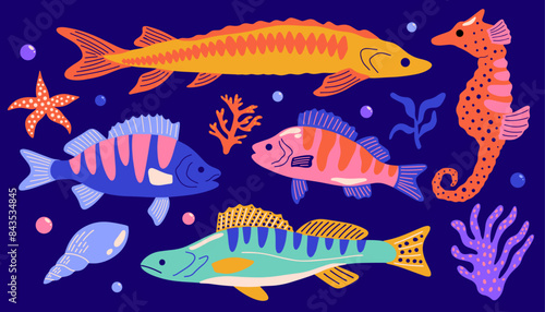 Colorful cartoon underwater set with exotic animals and plants: fish, seaweed, algae, coral, seashell, turtle. Ocean and sea fauna, different marine creatures, species vector illustration elements