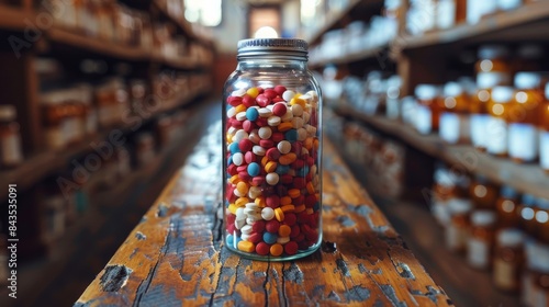 Glass Jar Filled With Multicolored Pills on a Wooden Table in Sunlight