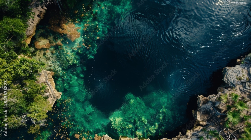 Aerial view of a stunning cenote with a visible halocline that adds movement and texture to the water below. Aerial view of a stunning cenote with a visible halocline that adds movement and texture to the water below.