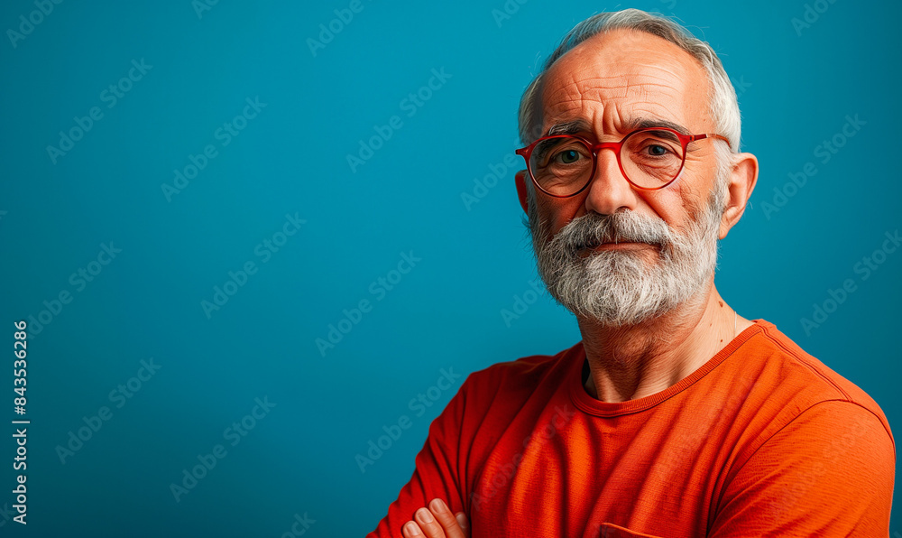 Obraz premium Close-up portrait of a happy, kind senior man with a long white beard, wearing glasses and a plaid shirt, smiling genuinely against a vibrant blue background