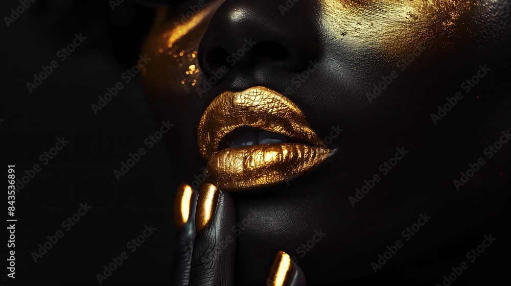 A close-up portrait of a glamorous Black woman with golden makeup and shiny skin, showcasing beauty and high fashion. Perfect for themes of elegance and creative cosmetics. A close-up portrait of a glamorous Black woman with golden makeup and shiny skin, showcasing beauty and high fashion. Perfect for themes of elegance and creative cosmetics.