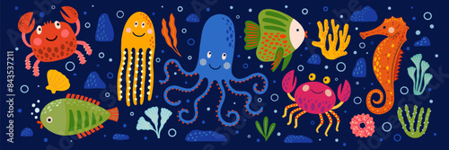 Cute octopus, jellyfish, seahorse, crabs and fish. Cartoon sea animals. Funny inhabitants of the ocean or sea reef. Children's vector illustration of the seabed.