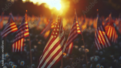 field of American flags, with the sun setting in the background. Atmosphere of celebration and unity