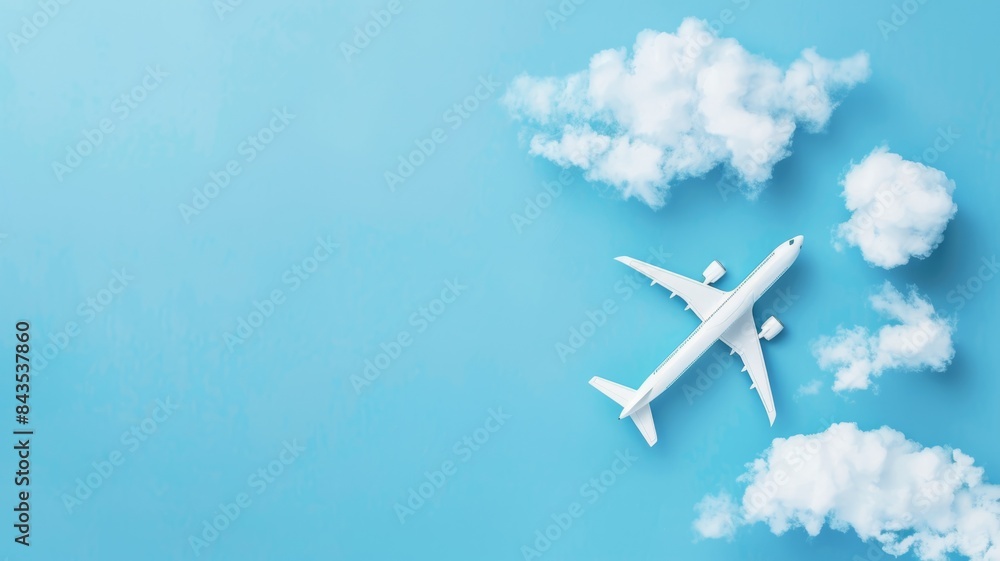 Airplane with fluffy clouds on blue - A large toy airplane flies amidst fluffy cotton clouds against a vibrant blue background, evoking a sense of travel Airplane with fluffy clouds on blue - A large toy airplane flies amidst fluffy cotton clouds against a vibrant blue background, evoking a sense of travel