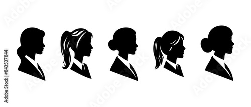smart and professional business woman, young looking girl side view profile silhouette black filled vector Illustration icon