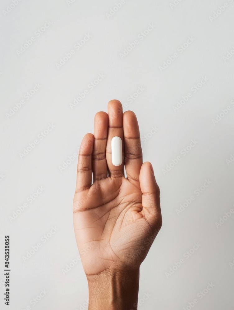 Hand holding a single white pill - A person's open hand displaying a single white pill, suggesting health and medication Hand holding a single white pill - A person's open hand displaying a single white pill, suggesting health and medication