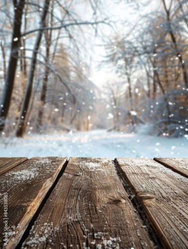 Wooden foreground with snowy forest view - A picturesque scene showcasing wooden boards in the foreground with a blurred snowy forest landscape in the background