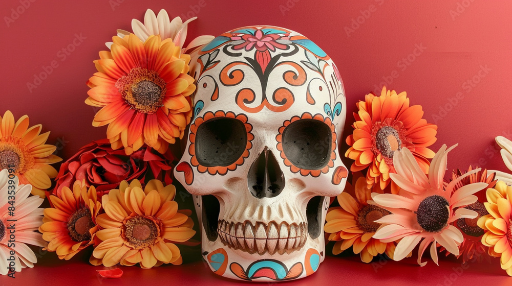 A skull is placed on a table next to a bunch of flowers A skull is placed on a table next to a bunch of flowers