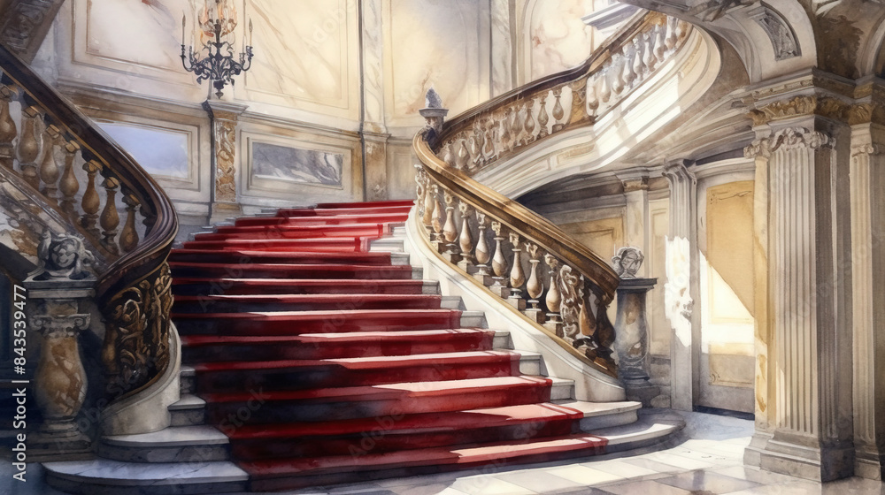 Obraz premium water colour painting, antique staircase, highly detailed, muted coloured, red and beige, stunning sunlight effect