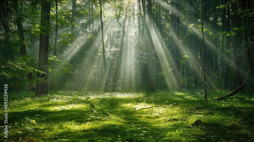 Spectacular sun rays shining through woods and tree in the dense forest. Green and lust forest on a beautiful summer day