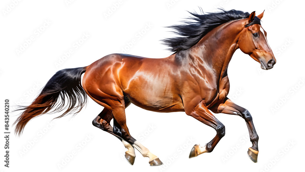 Obraz premium Handsome brown stallion galloping, jumping. Isolated horse png WHITE BACKGROUND. AI GENERATED