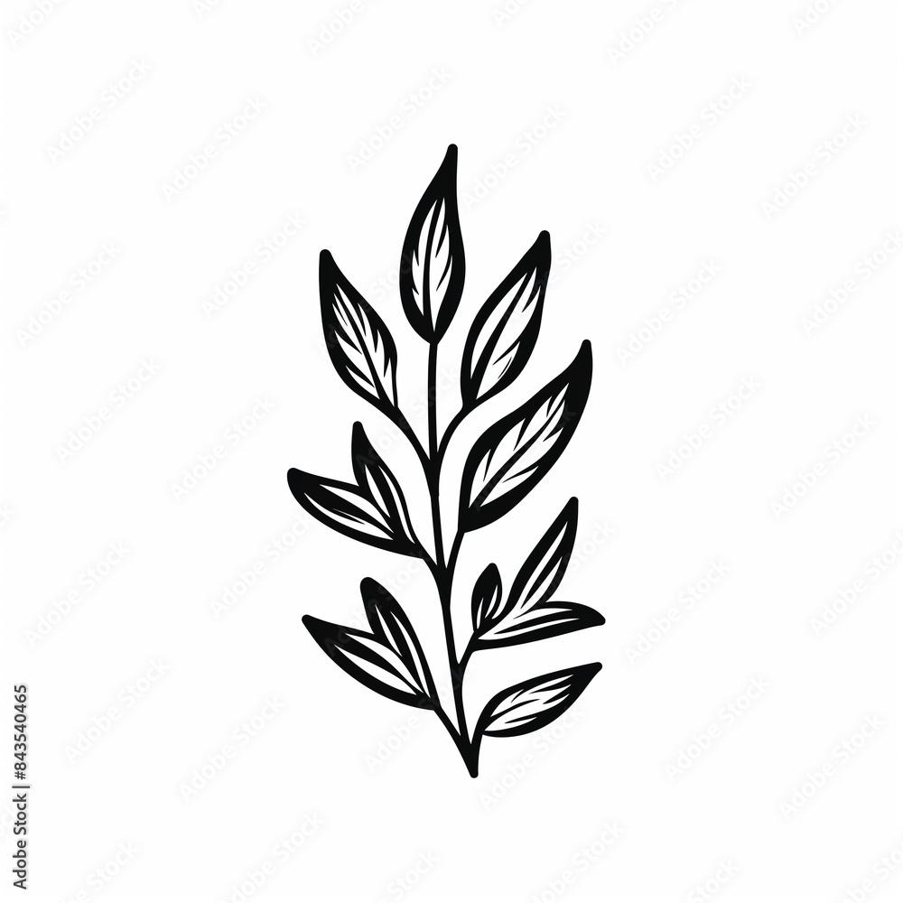 Simple black and white hand-drawn branch with leaves.
