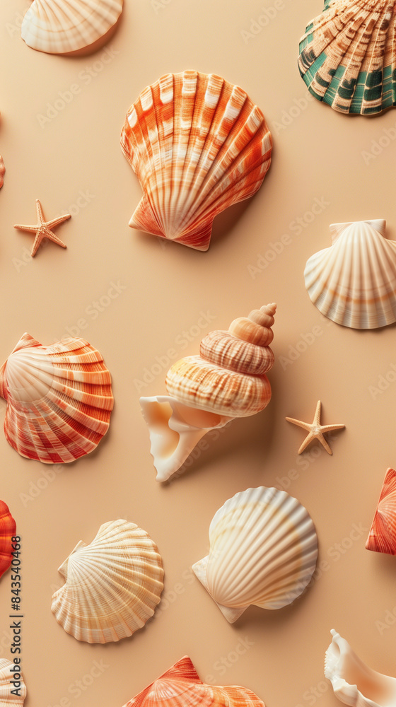 Seashells and starfish on a smooth beige surface. Seashells and starfish on a smooth beige surface.