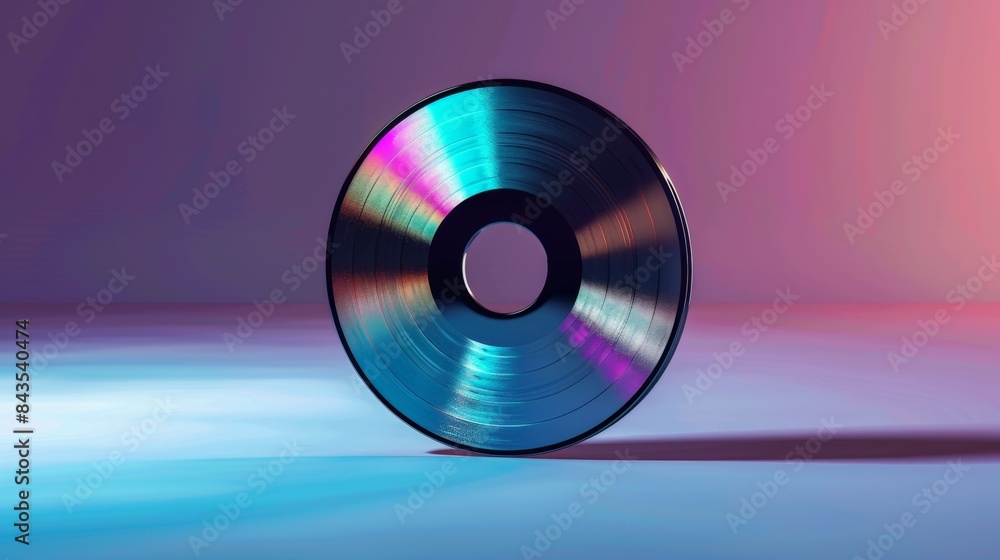 A metallic CD standing on its edge against a colorful gradient background. Vibrant illumination highlights the reflective surface. A metallic CD standing on its edge against a colorful gradient background. Vibrant illumination highlights the reflective surface.