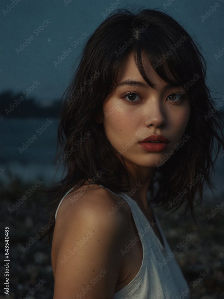 Fototapeta premium Portrait of a Woman Under a Starry Night Sky