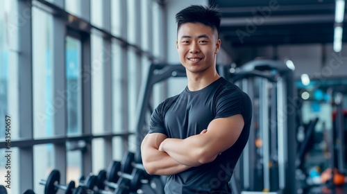 Asian Fitness Trainer with Crossed Arms in Modern Gym for Health and Exercise Motivation