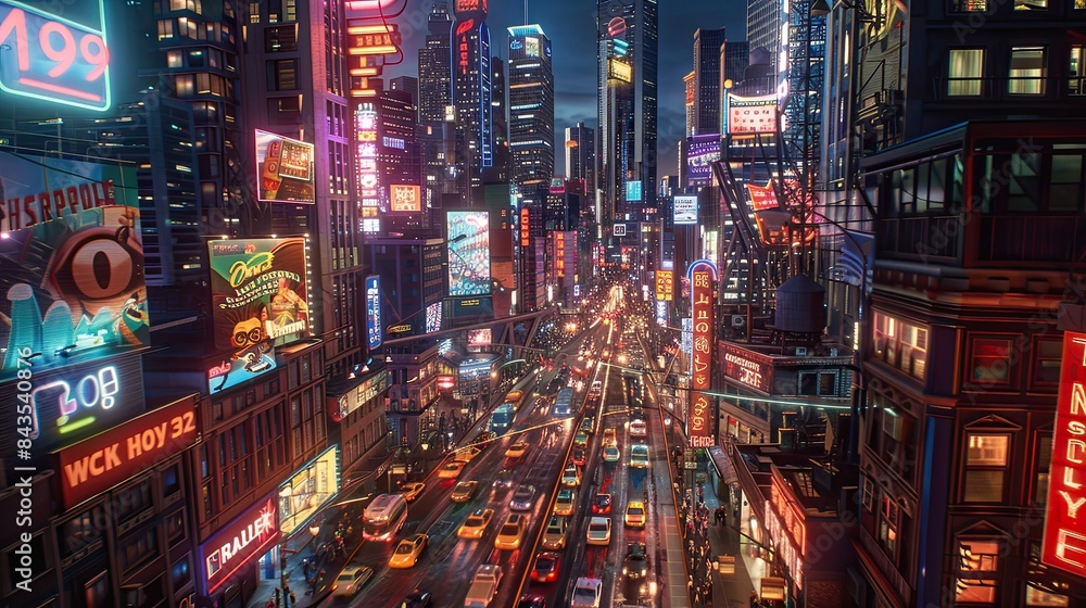 A bustling cityscape at night with skyscrapers lit up, busy streets filled with cars, and bright neon signs creating a vibrant urban atmosphere.
A bustling cityscape at night with skyscrapers lit up, busy streets filled with cars, and bright neon signs creating a vibrant urban atmosphere.