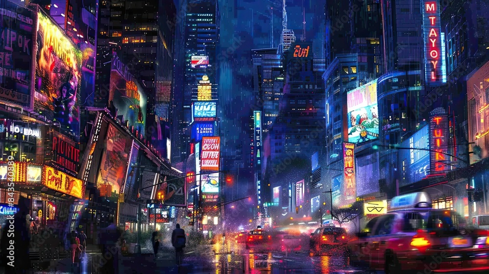 A bustling cityscape at night with skyscrapers lit up, busy streets filled with cars, and bright neon signs creating a vibrant urban atmosphere.
A bustling cityscape at night with skyscrapers lit up, busy streets filled with cars, and bright neon signs creating a vibrant urban atmosphere.