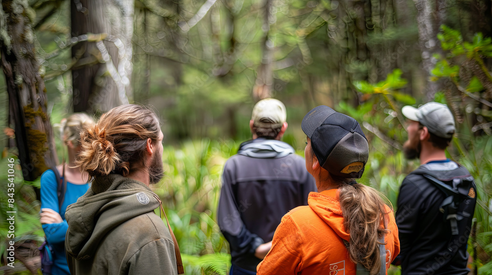 Group of hikers in the forest looking at the camera, back view Group of hikers in the forest looking at the camera, back view