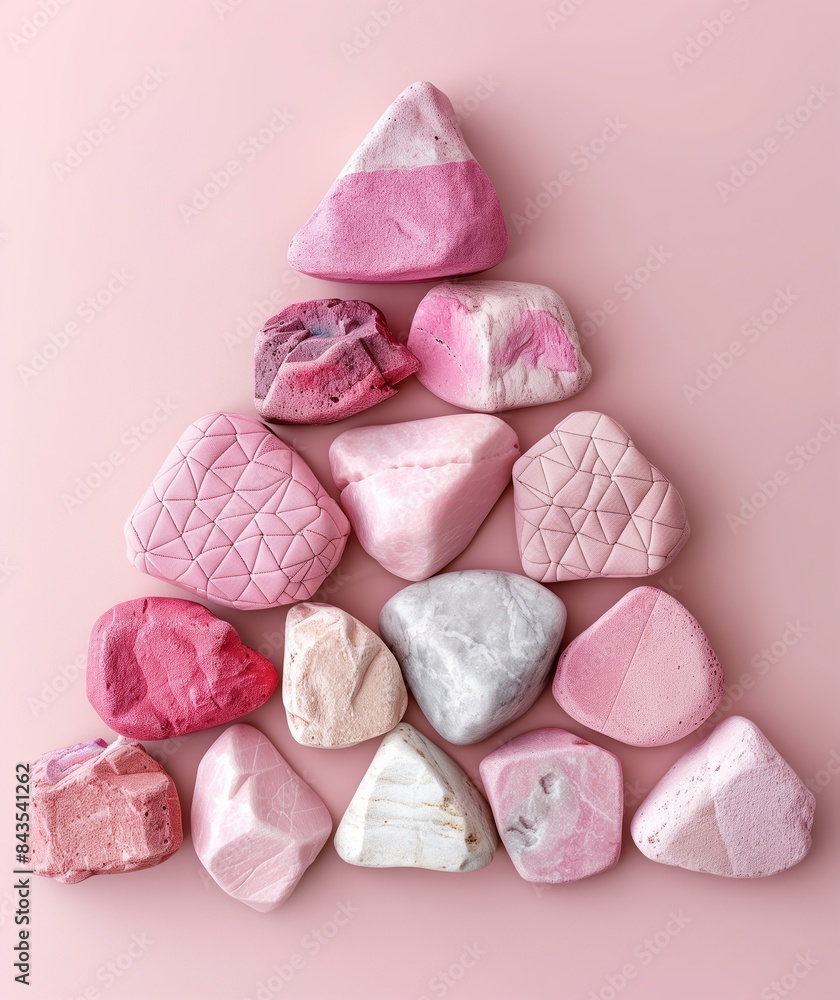 Pink triangle made of cute little rocks. Black background, 3D render in the style of cute graphic design elements, metallic accents. Pink triangle made of cute little rocks. Black background, 3D render in the style of cute graphic design elements, metallic accents.