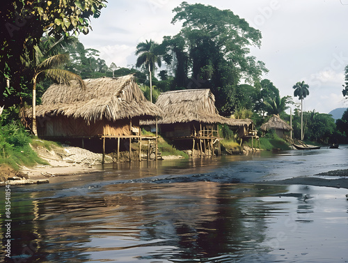 Traditional Panamanian Emberá villages with thatched roofs nestled along a winding river in nature. © ron