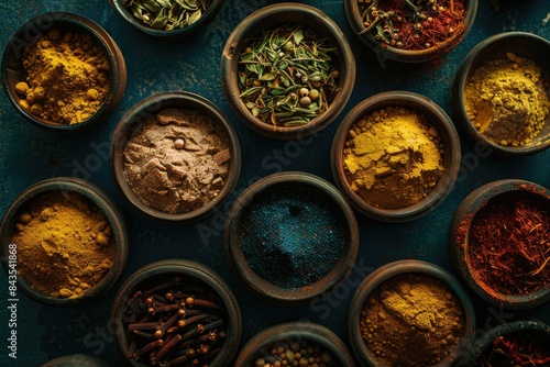 Many spices and herbs on the dark background table.