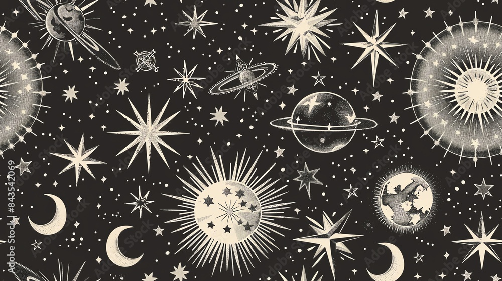 Hand-drawn seamless pattern featuring block print stars and celestial symbols, perfect for a whimsical and mystical look Hand-drawn seamless pattern featuring block print stars and celestial symbols, perfect for a whimsical and mystical look