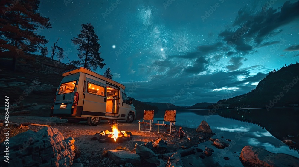 A camper van parked by a lake, with a campfire, chairs, and a starry night sky, capturing the essence of outdoor adventure and freedom. A camper van parked by a lake, with a campfire, chairs, and a starry night sky, capturing the essence of outdoor adventure and freedom.