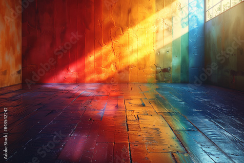 Colorful room with rainbow wall and sunlight, LGBTQ wallpaper background