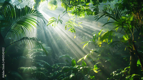 Tropical forest with sunlight rays and lens flare. Nature background