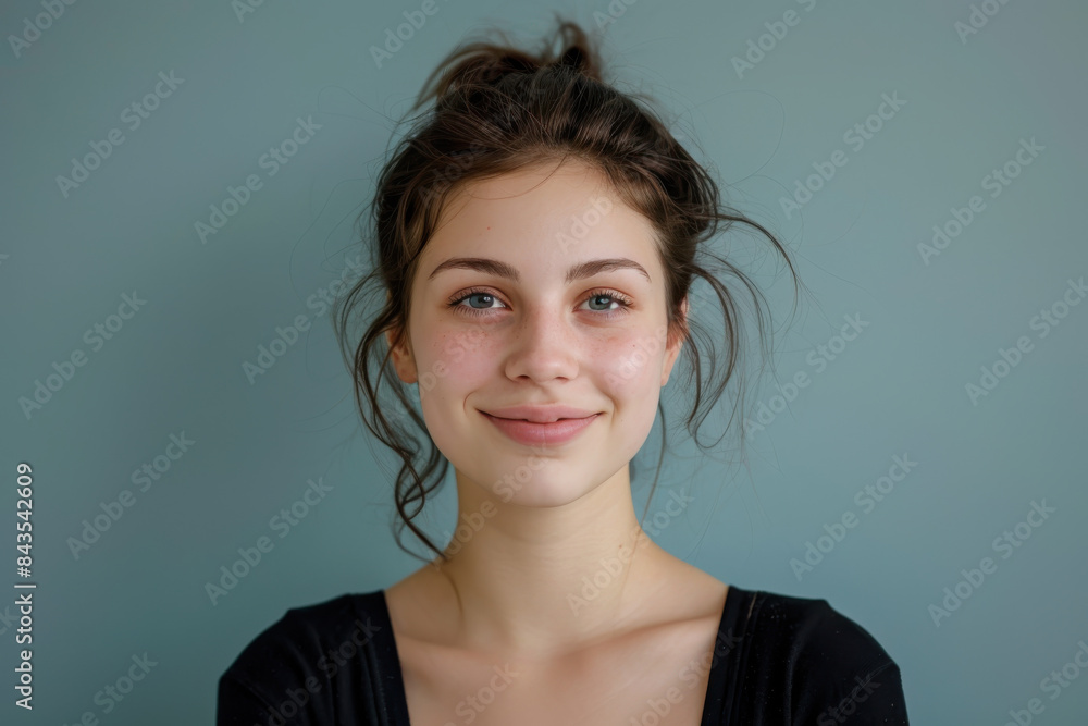 A close up portrait of a young woman with a subtle smile A close up portrait of a young woman with a subtle smile