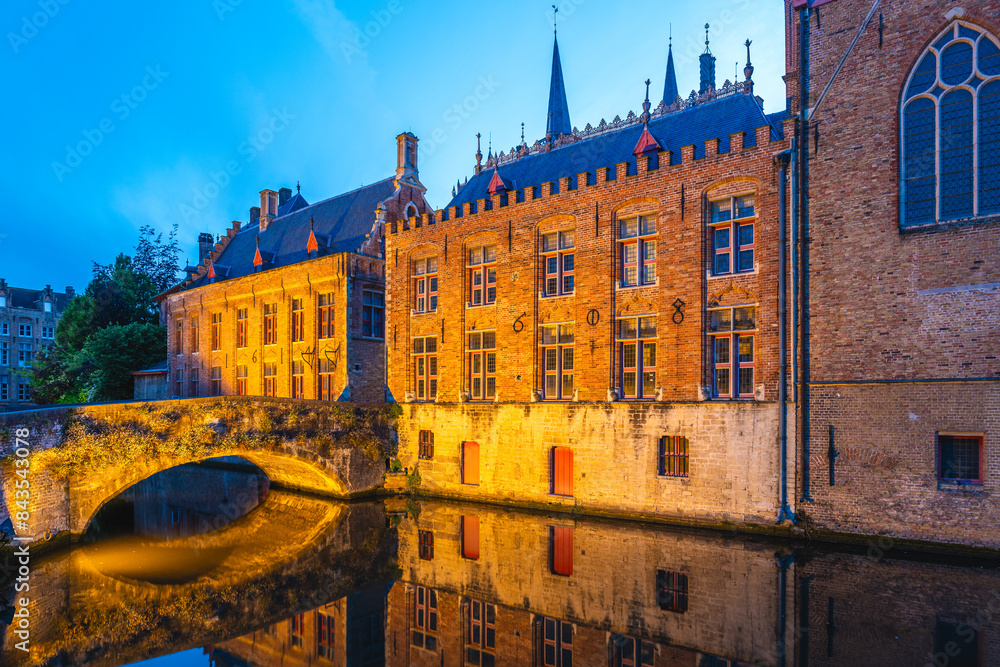 Scenery of the Dijver Canal in the historic center of Bruges, Belgium