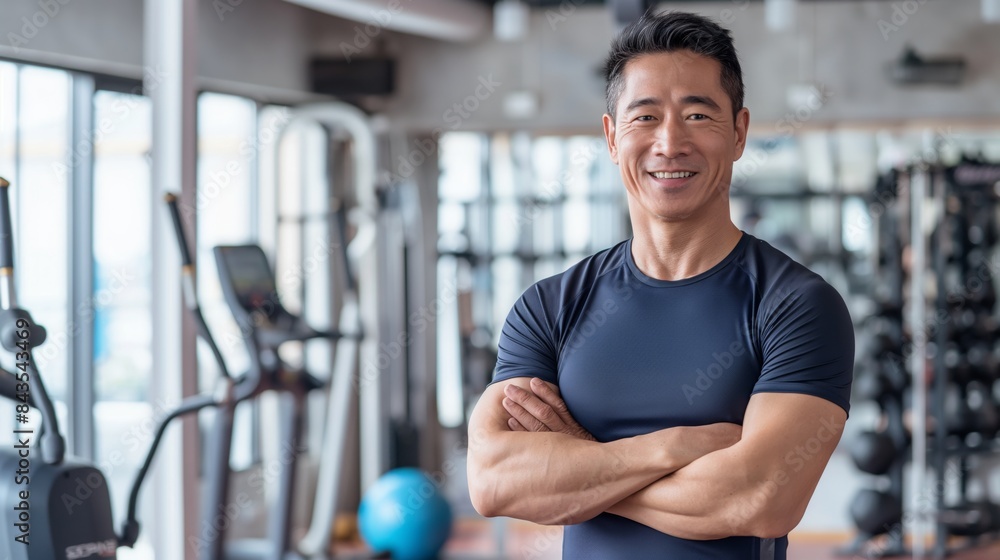Korean Male Fitness Trainer in Modern Gym, Smiling and Confident, Perfect for Fitness, Health, Wellness Promotions Korean Male Fitness Trainer in Modern Gym, Smiling and Confident, Perfect for Fitness, Health, Wellness Promotions