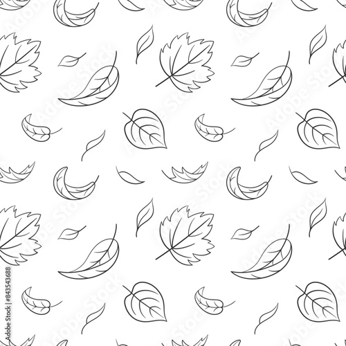 Leaves fall seamless pattern. Vector illustration in doodle style. Wave cold air during windy weather. Maple leaf outline for print and design