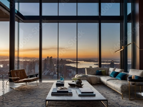 This sleek living space features expansive floor-to-ceiling windows that offer breathtaking views of the bay and cityscape.